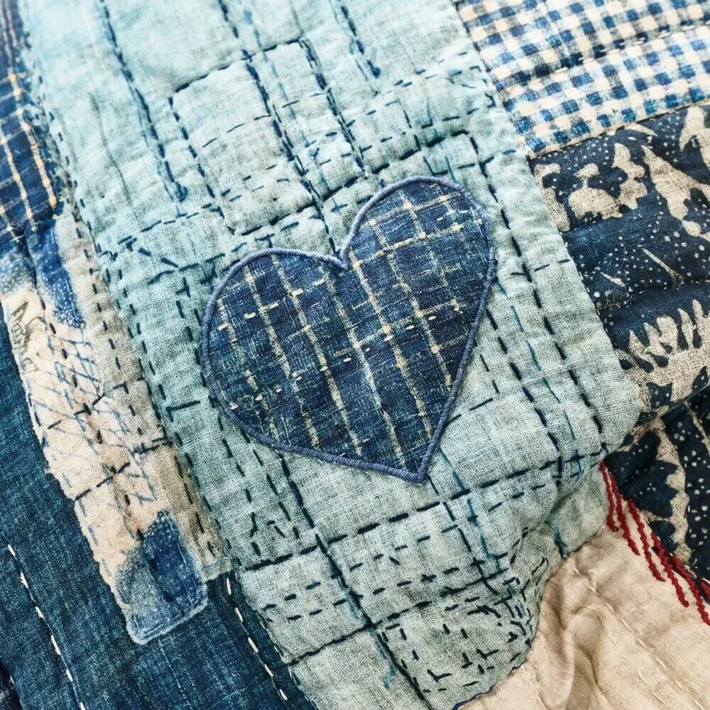 Pottery Barn Love Handcrafted Reversible Quilt Blue Cream Hearts Patchwork KING